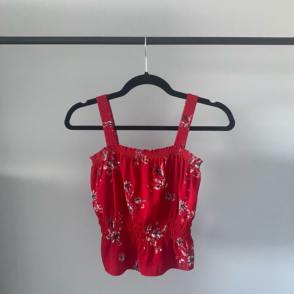 Red floral blouse
